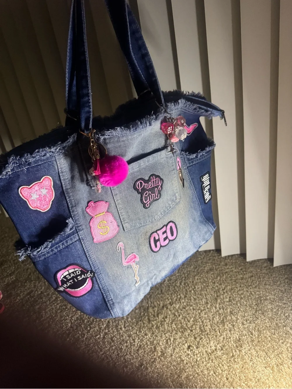 Denim Patch Tote Bag - Pink Accents
